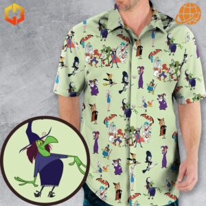 A Hawaiian shirt featuring colorful illustrations of 70s cartoon witches in various poses and outfits, displayed on a light green background.