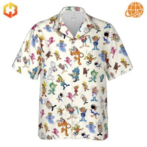 Experience a blast from the past with the 80s 90s Commercial Mascot Cereal Hawaiian Shirt's fun and colorful design.