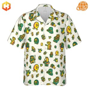 Front view of the 80s But Goodies Hawaiian Shirt, showcasing colorful retro cartoon designs on a white background with a button-down front and short sleeves.