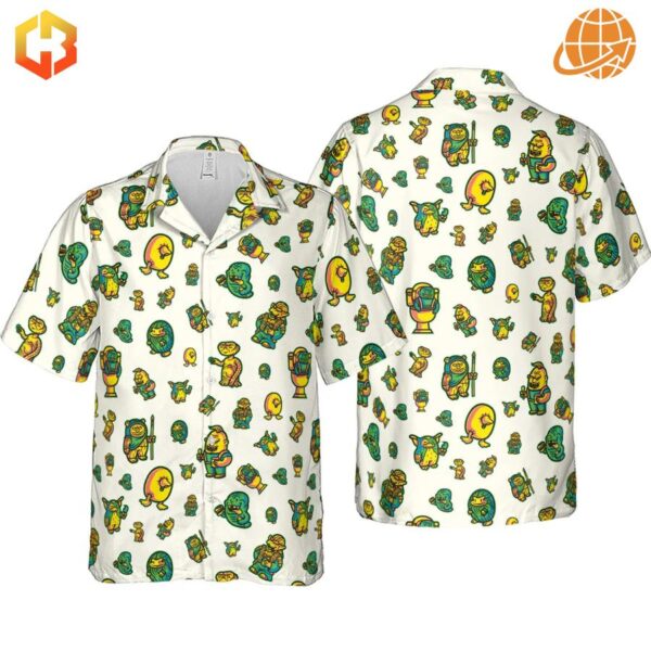 Styled outfit featuring the 80s But Goodies Hawaiian Shirt, paired with casual jeans, showcasing its retro charm and versatile design.