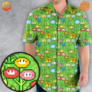 Close-up of the 8bit Flower Garden Super Mario Pattern Hawaiian Shirt fabric, showing detailed pixelated Fire Flowers, Mystery Blocks, and vibrant tropical colors.