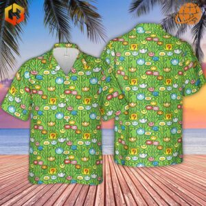 Styled look featuring the 8bit Flower Garden Super Mario Pattern Hawaiian Shirt paired with casual shorts, highlighting its vibrant retro gaming design.