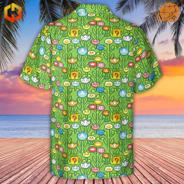 Back view of the 8bit Flower Garden Super Mario Pattern Hawaiian Shirt, highlighting pixel-perfect Fire Flowers, Super Stars, and 8-bit Question Blocks on a vibrant green background.