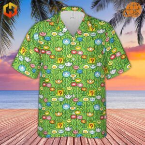 Front view of the 8bit Flower Garden Super Mario Pattern Hawaiian Shirt showcasing a green base with vibrant pixelated Fire Flowers, Question Blocks, and Super Stars.