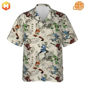 Full view of Avatar: The Last Airbender Hawaiian shirt with all-over character print on light beige fabric.