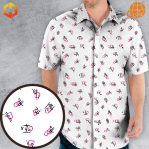 Man wearing Ace Ventura Tutu Shirt Pop Culture Hawaiian Shirt with pink and black abstract pattern