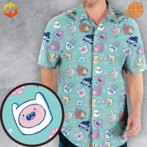 Adventure Time Hawaiian shirt with colorful character pattern and close-up of Finn's face