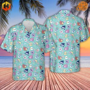 Two Adventure Time Hawaiian shirts displayed on a tropical beach backdrop