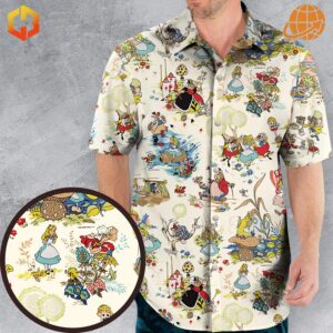 Alice In Wonderland Pattern Hawaiian Shirt worn by model, displaying colorful characters on cream background with close-up circular detail.