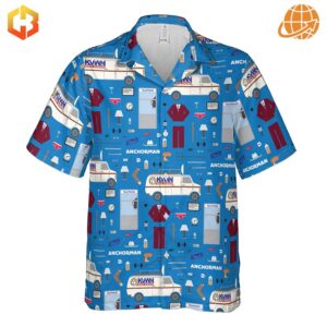 Flat lay of the Anchor Chic Anchorman Hawaiian Shirt with Anchorman-themed illustrations on a blue background.