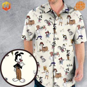 Model wearing the Animaniacs Characters Hawaiian Shirt with a light cream background and Animaniacs-themed illustrations.