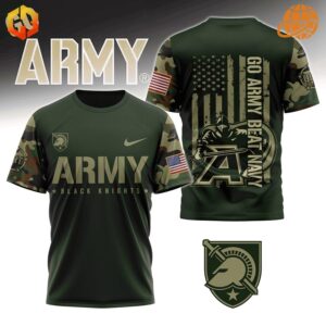 Black shirt with Army Black Knights logo and patriotic design honoring veterans.