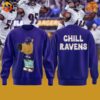 Baltimore Ravens Chill Guy Sweatshirt featuring cartoon dog on front and "CHILL RAVENS" text on back, set against football players background.