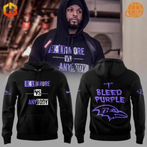 Baltimore Ravens vs Anybody Hoodie modeled and displayed, showing front and back designs in purple and white on black.