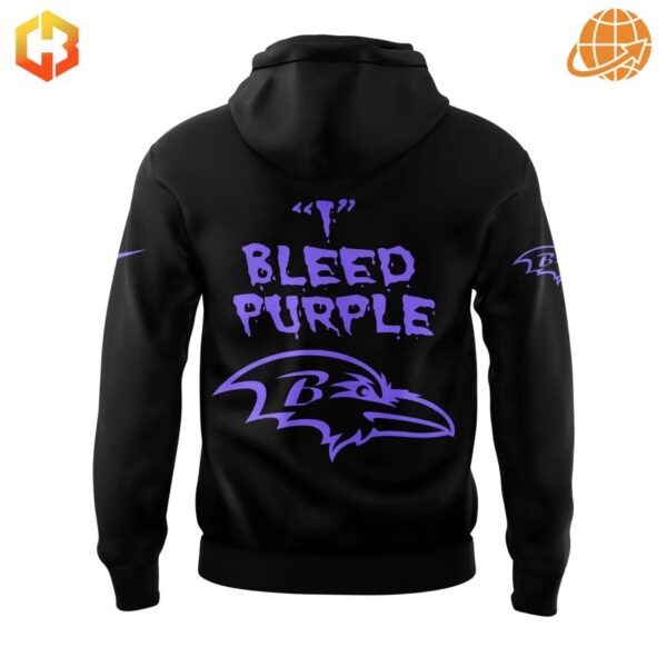 Back of Baltimore Ravens vs Anybody Hoodie with "Bleed Purple" text and Ravens logo in purple.