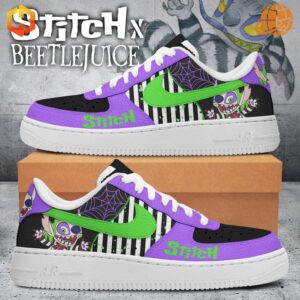 Stitch x Beetlejuice Nike Air Force 1 shoes with purple, green, and black color scheme, featuring Stitch illustration and custom artwork.