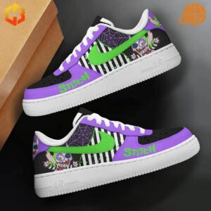 Two angles of Stitch x Beetlejuice Nike Air Force 1 shoes, displaying purple and green design with character illustrations.