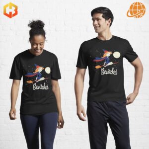 Woman and man modeling black Bewitched t-shirts with cartoon witch design against white brick background.