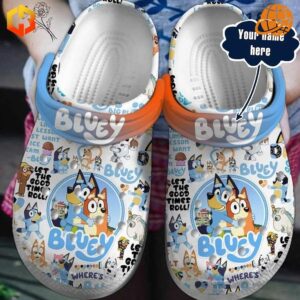 "Bluey Family Crocs Shoes" with vibrant Bluey family characters and numerous ventilation holes.