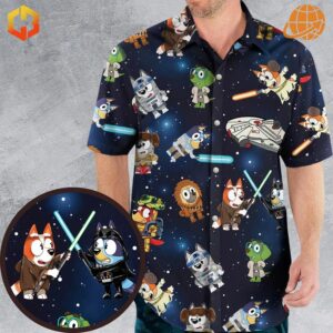 Bluey Star Wars Hawaiian Shirt with cartoon dogs as Star Wars characters on a dark blue starry background.