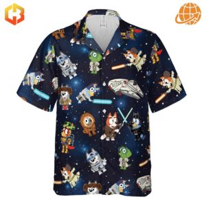 Full view of Bluey Star Wars Hawaiian Shirt with all-over print of cartoon dogs as Star Wars characters.