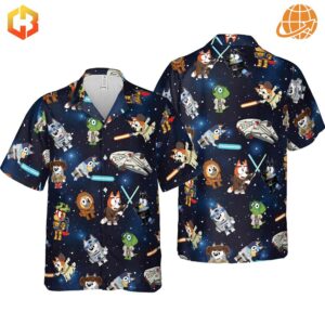 Front and back view of Bluey Star Wars Hawaiian Shirt displaying full pattern on both sides.