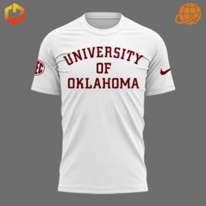 Close-up of University of Oklahoma t-shirt with crimson lettering and SEC logo.