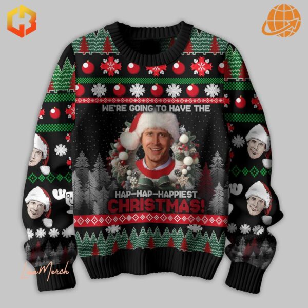 Bring festive fun to your wardrobe with the Clark Griswold Happiest Christmas Sweater, featuring a cheerful holiday design