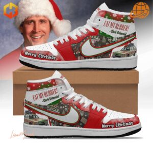 Step into holiday cheer with these Clark Griswold-inspired "Merry Clarkmas" Air Jordan 1s, perfect for fans of Christmas comedy classics