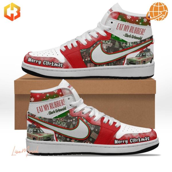 Close-up of custom Christmas Vacation themed Air Jordan 1 sneakers with holiday designs and movie quotes.