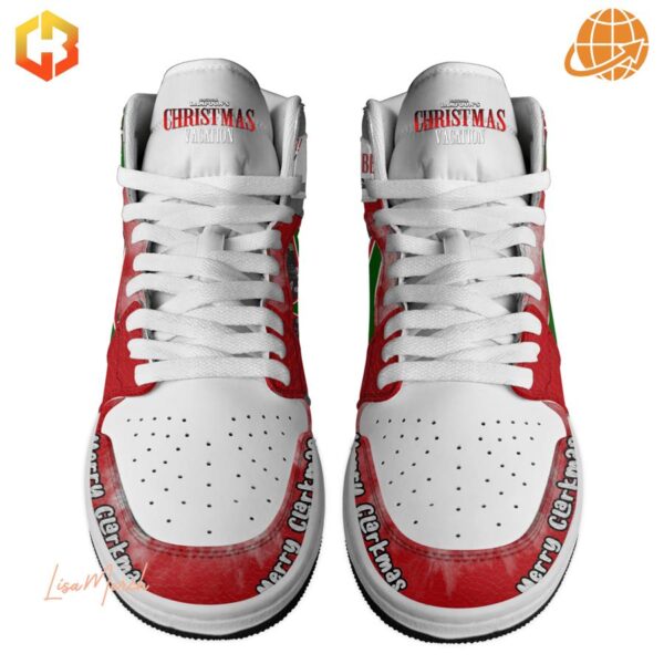 Front view of Christmas Vacation themed Air Jordan 1 sneakers with movie logo on tongue.