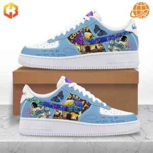 Coldplay x Nike Air Force 1 sneakers, showcasing the colorful, graffiti-inspired design.