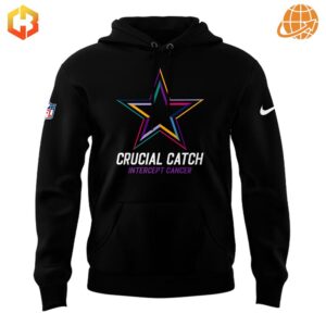 Close-up of Dallas Cowboys Crucial Catch Hoodie with colorful star logo and text.