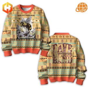 Dave Matthews Band Christmas Sweater with festive bee and floral design on the front.