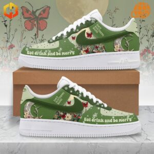 Dave Matthews Eat Drink and Be Merry Air Force 1 Shoes with green colorway, floral designs, and festive messaging.