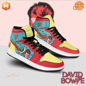 Side profile of David Bowie Rebel Rebel Air Jordan 1 Shoes with red, turquoise, and yellow panels, featuring a Bowie lightning bolt graphic and "Rebel Rebel" text on the ankle.