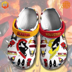 Custom Deadpool and Wolverine Crocs Shoes with character-themed straps and graphics on a white base, set against a dramatic fiery background.