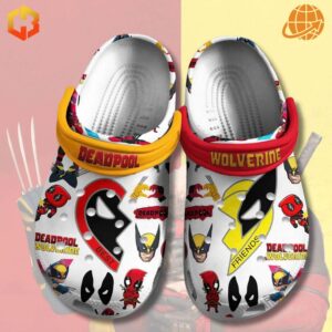 Custom Deadpool and Wolverine Crocs Shoes with detailed character artwork and contrasting straps, presented on a split pink and yellow background.