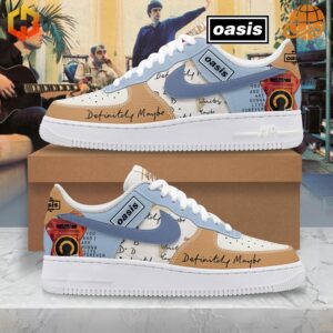 Custom Nike Air Force 1 sneakers inspired by Oasis' "Definitely Maybe" album, featuring band imagery and album artwork details.