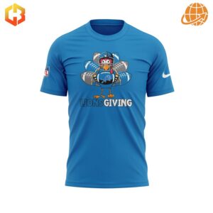 Detroit Lions Happy Thanksgiving Day Shirt with a turkey graphic and "Lionsgiving" text.