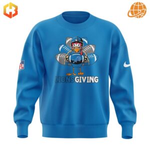 Blue Detroit Lions sweatshirt with a Thanksgiving Day graphic.