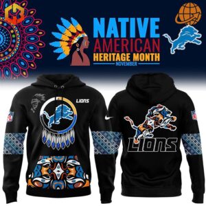 Black Detroit Lions Native American Heritage Month Hoodie with colorful front and back designs inspired by Native American art.