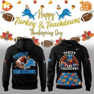 Detroit Lions Thanksgiving Day Turkey Touchdown Hoodie with front and back designs featuring a turkey, football, and team logos.