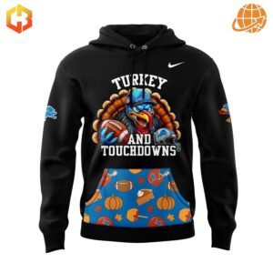 Front view of Detroit Lions Thanksgiving Day Turkey Touchdown Hoodie with a turkey holding a football and festive pocket design.