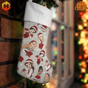 Disney Princess Christmas Stocking hanging from evergreen branch with festive lights in background.