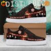 Disturbed Down with the Sickness Nike Air Force 1 shoes with fiery graphics and "Down with the Sickness" text on a box.