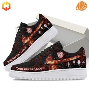 Pair of Disturbed Down with the Sickness Nike Air Force 1 shoes with fiery graphics and "Down with the Sickness" text against a white box.