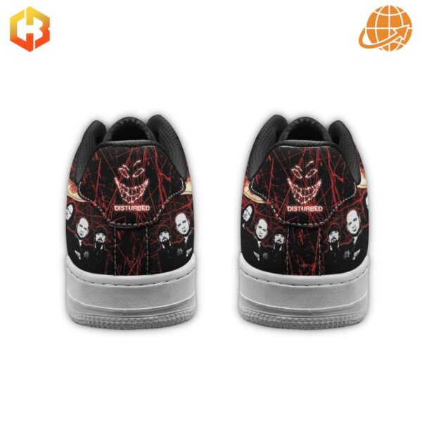 Disturbed Down with the Sickness Nike Air Force 1 shoes with Disturbed logo and band members' faces.