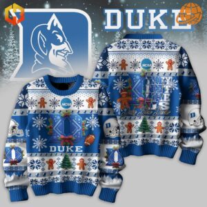 Duke Blue Devils sweater with festive holiday design featuring snowflakes and gingerbread men.