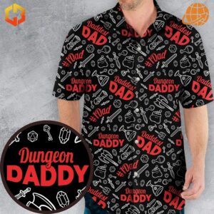 Close-up of Dungeon Daddy DND Hawaiian Shirt with black background, white gaming icons, and red text.